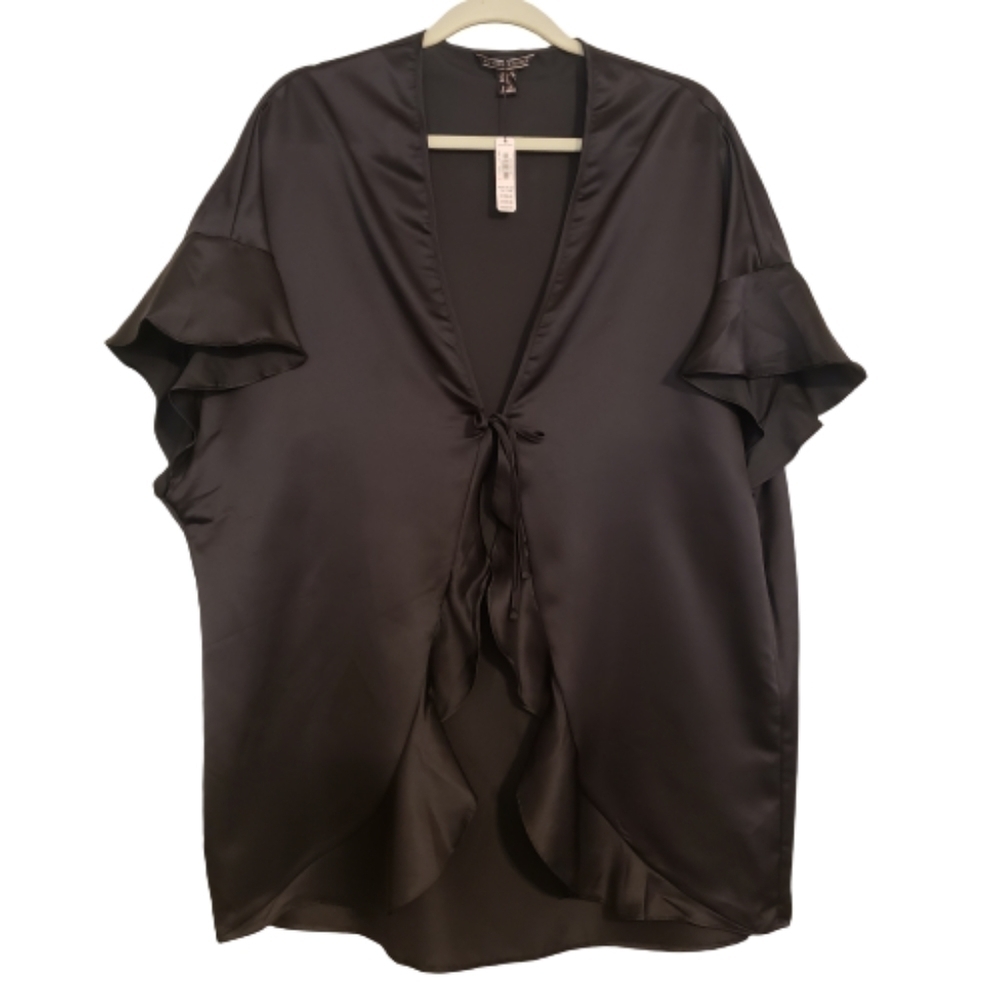 Victoria's Secret Kimono Black Satin Slip Robe Lingerie Wrap one size NWT